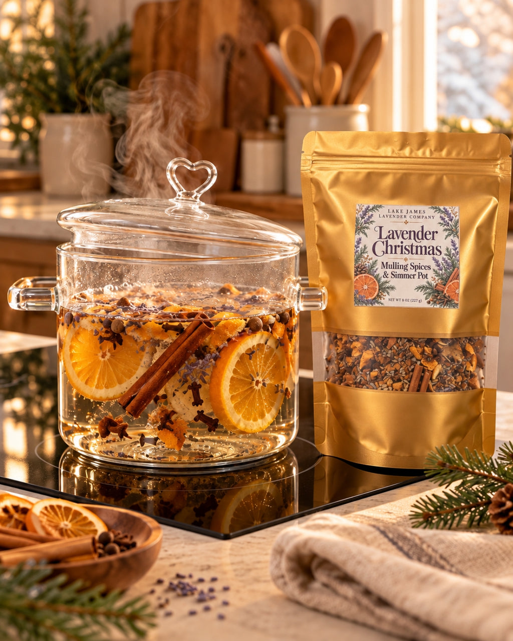 Lavender Christmas mulling spices simmering with oranges and cinnamon in the clear heart-lid glass pot