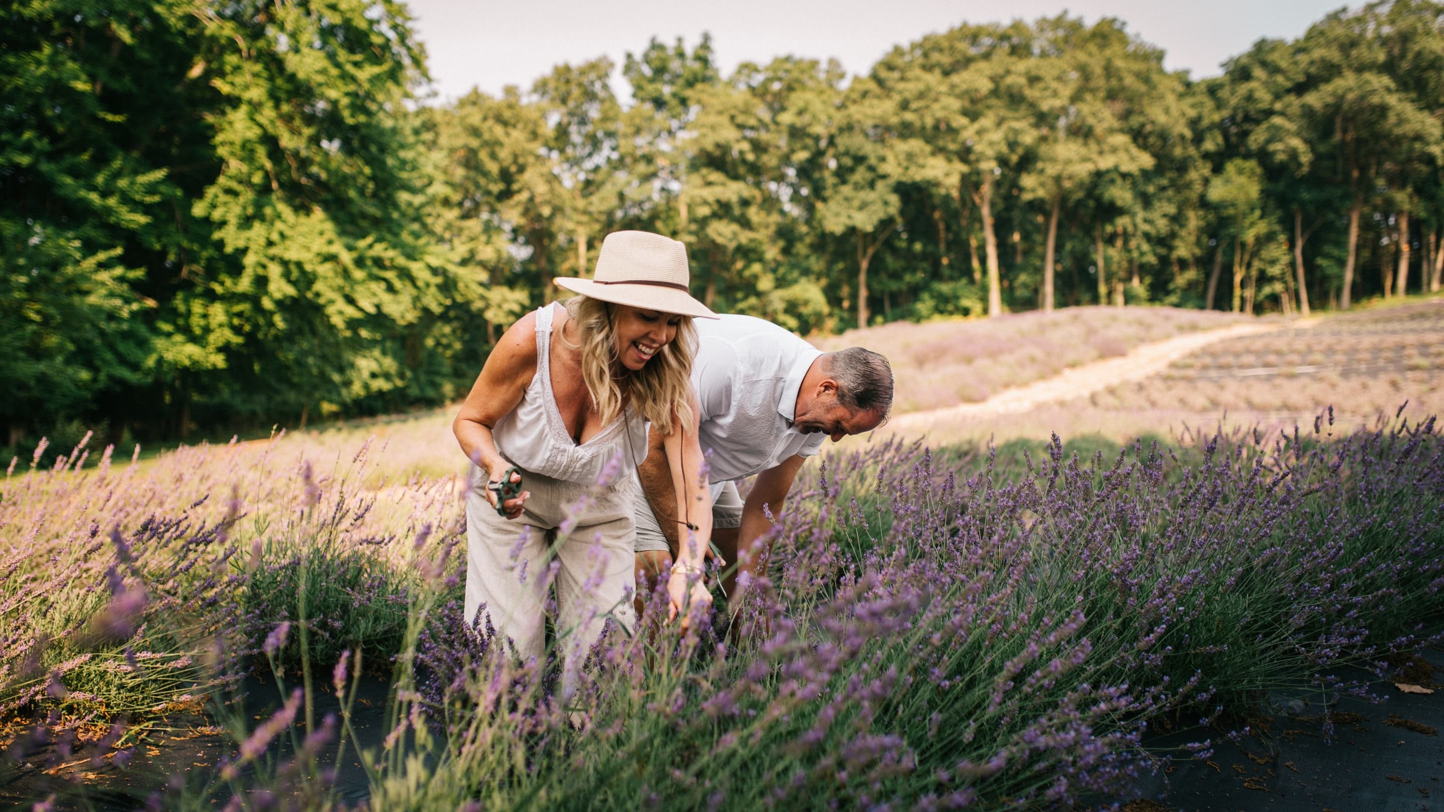 A couple in a lavender field at Lake James Lavender Co., with the woman wearing a white sleeveless dress and straw hat and the man in a white shirt bending down to inspect the plants, set against a background of green trees and rows of lavender in Angola, Indiana.