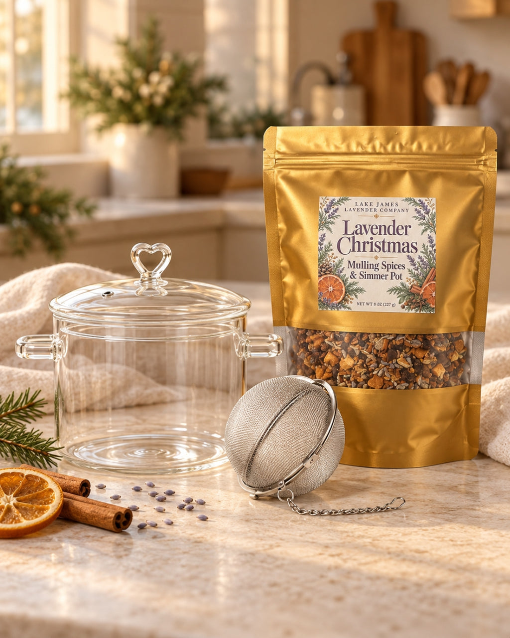 Lavender Christmas simmer pot gift set with 2-liter heart-lid glass pot, 8-ounce mulling spice pouch and stainless-steel tea ball